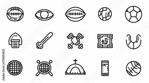 Vector line icons set: Sports equipment, outdoor recreation gear, and leisure game items. Minimalist black and white design for web and app UI.