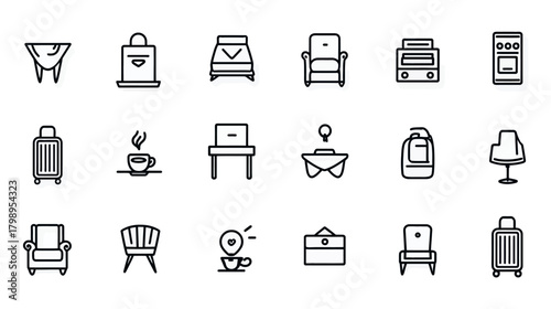 Minimalist line art vector icons of furniture, travel, and hotel room objects like chairs, beds, suitcases, and bathtubs
