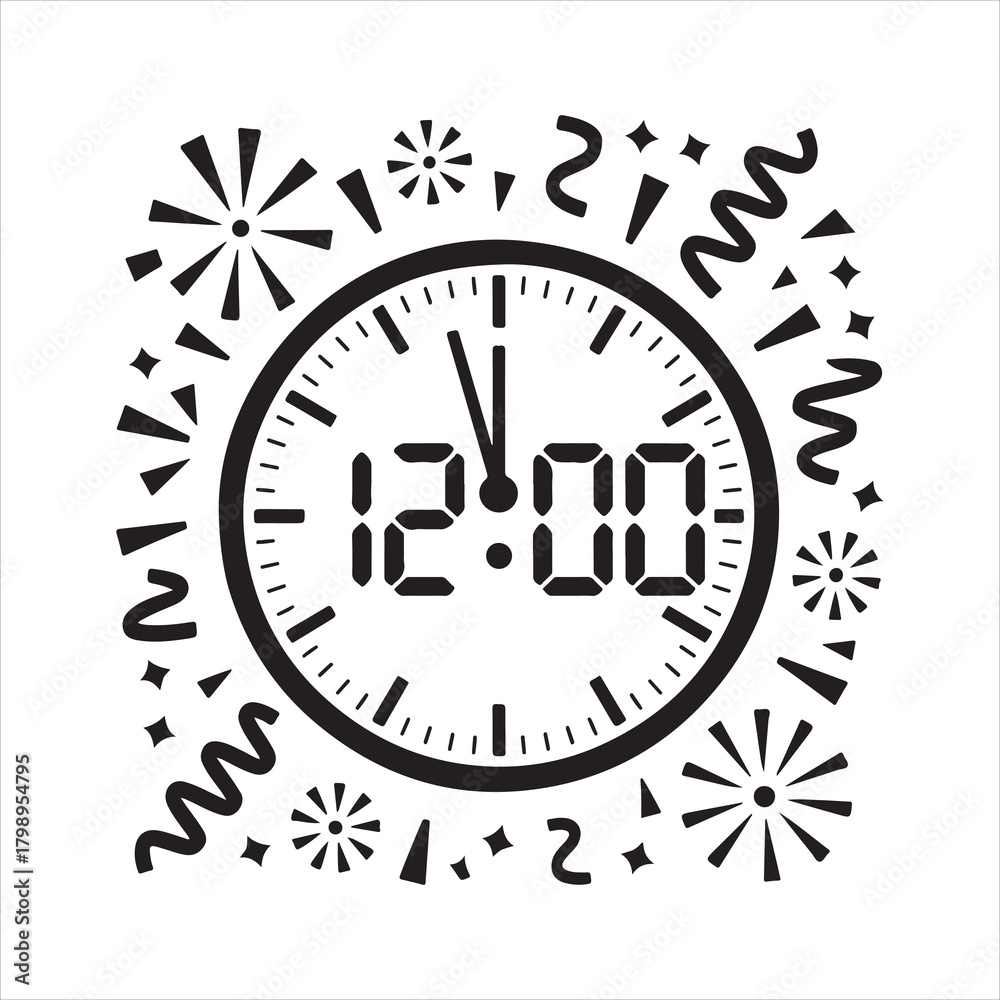Fototapeta premium New Year Countdown Clock Icon – Midnight Celebration Illustration