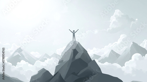 A stick figure standing triumphantly at the top of a mountain, with arms raised in victory, overlooking a vast landscape of clouds and distant peaks