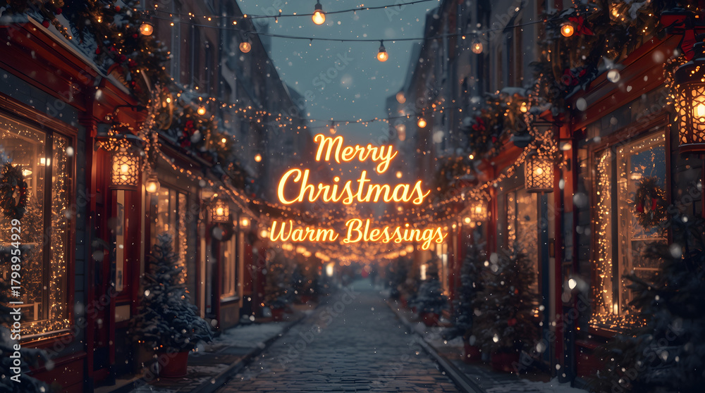 Obraz premium Christmas background image 2026 with snow-covered street, cascading starburst lights, golden glow, European buildings, enchanting festive holiday greeting.