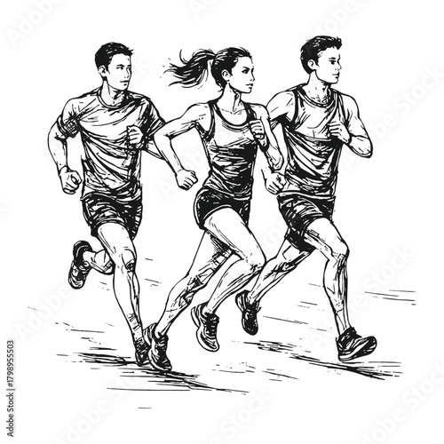 Running athletes group dynamic vintage sketch vector for sports posters, fitness themes, and athletic illustration projects