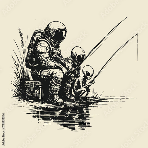 Astronaut fishing with alien surreal fantasy sketch vector for sci-fi prints, creative illustrations, and concept art