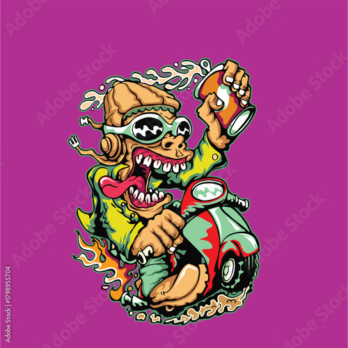 Canvas Print Cartoon monkey with goggles and a spray can riding a scooter with a wild expression