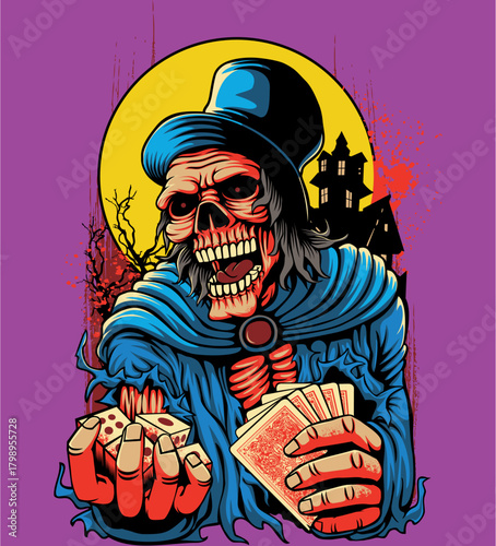 A spooky skeleton in a top hat and cape holding dice and playing cards, with a haunted house in the background under a full moon.