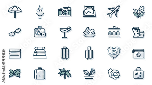 Comprehensive Travel and Holiday Thin Line Icon Set for Vacation Planning, Tourism, and Leisure Activities. Vector Symbols.