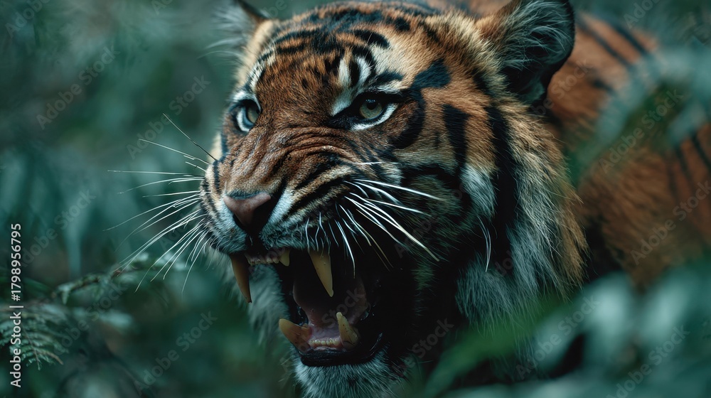Obraz premium Roaring tiger showing fierce expression in dense jungle habitat during daylight