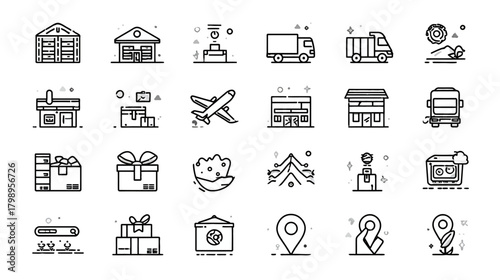 Modern line icons set for logistics, delivery, e-commerce, shipping, transportation, supply chain, retail business, and distribution.