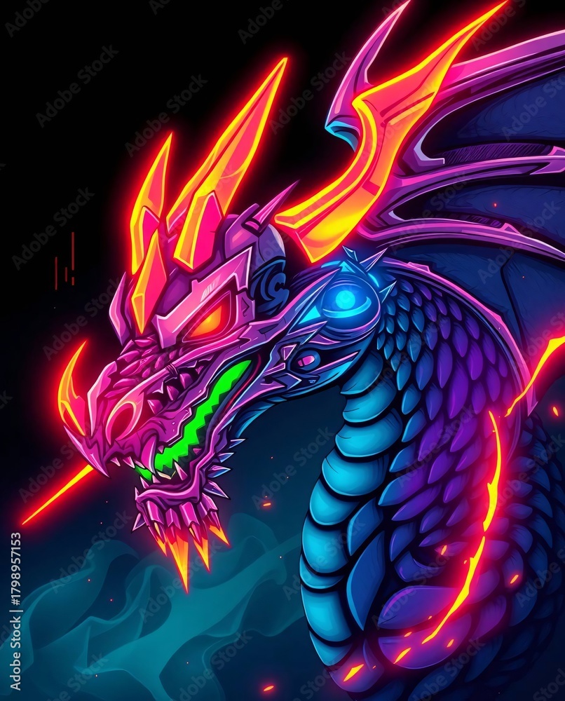 Obraz premium Majestic Dragon: An impressive digital artwork of a fierce and formidable dragon. Rendered with vivid colors and striking details, the mythical beast emanates an aura of power and mystique.