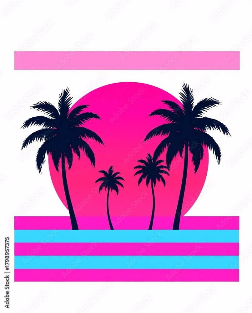 Fototapeta premium Tropical Sunset: A vibrant sunset over the tropical islands, where towering palm trees silhouette against a backdrop of a warm setting sun.