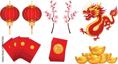 Chinese New Year icon vector—dragon, lanterns, koi fish, cherry blossoms, red envelopes, gold ingots, and festive symbols for celebration 