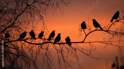 Crows perched silently on bare branches against a vibrant sunset sky with shades of orange and purple illuminating the horizon