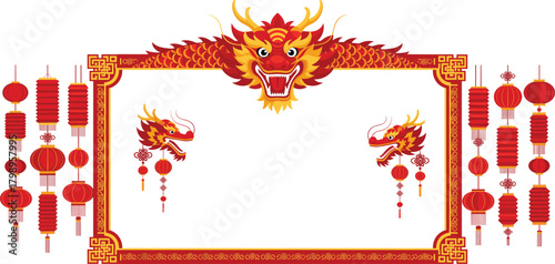 Chinese New Year icon vector—dragon head, lanterns, tassels, and decorative frame for festive celebration and prosperity visuals