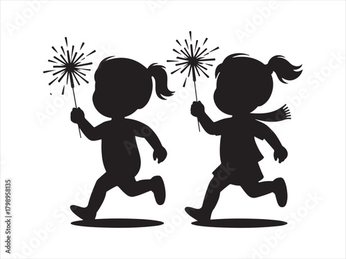 Silhouette of Children Running with Sparklers at Celebration Party For New Year