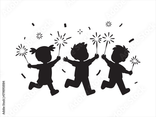 Silhouette of Children Running with Sparklers at Celebration Party For New Year