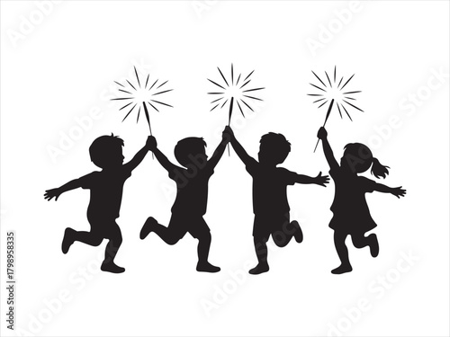 Silhouette of Children Running with Sparklers at Celebration Party For New Year