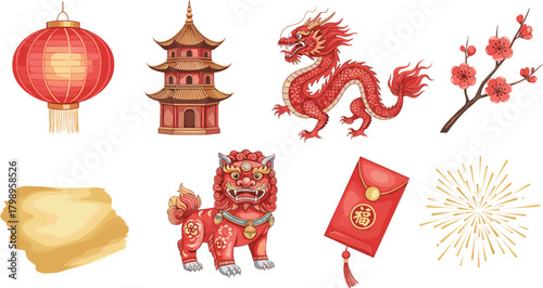 Chinese New Year icon vector—lantern, pagoda, dragon, cherry blossoms, guardian lion, red envelope, brushstroke, and fireworks symbols