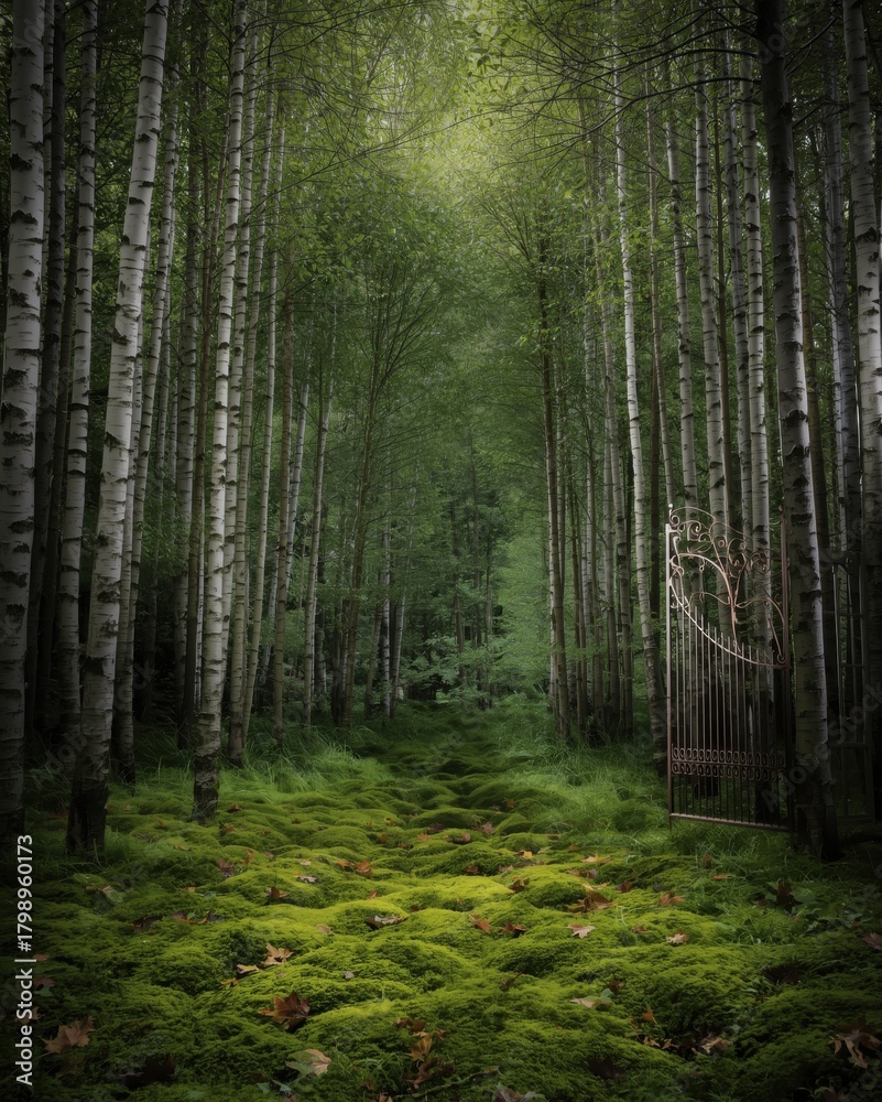 Obraz premium Enchanting forest path leading to a mysterious ornate gate bathed in soft sunlight