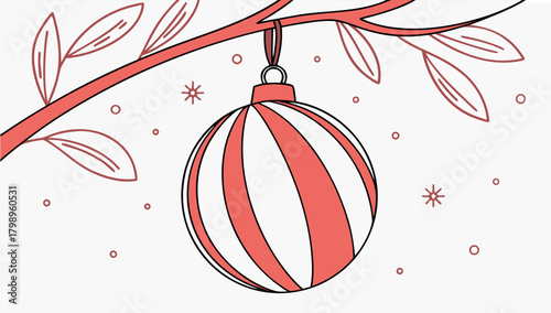 Striped Christmas Ornament Hanging on Tree Branch Illustration
