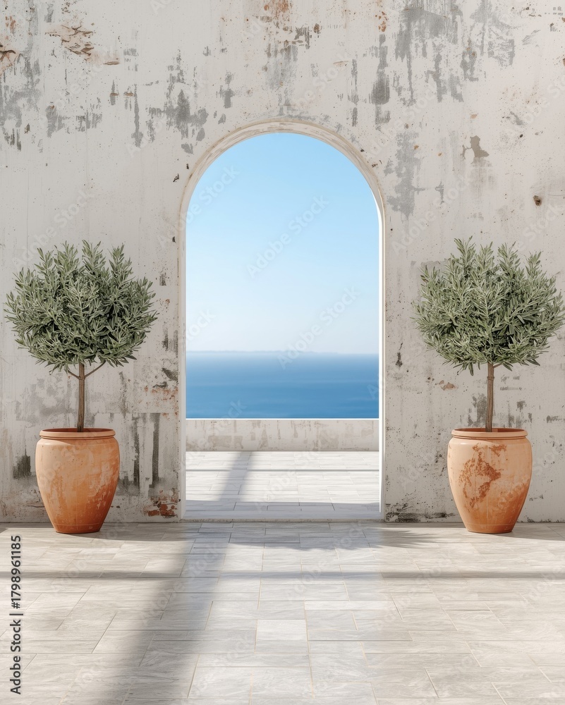 Obraz premium Mediterranean Archway Framing a Serene Ocean View with Potted Olive Trees