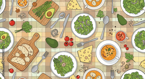 A delightful spread of fresh food and vibrant vegetables arranged on a checkered tablecloth for a delicious meal.