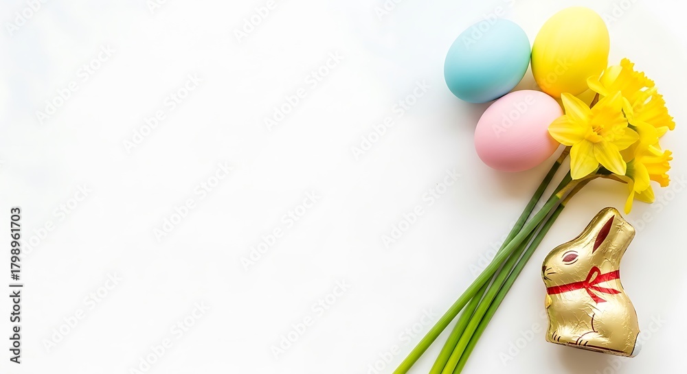 Fototapeta premium Easter Eggs Daffodils and Chocolate Bunny on White Background flowers spring