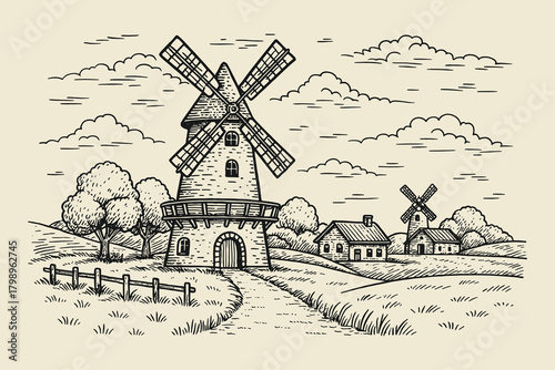 Old countryside windmill landscape vintage sketch vector illustration for rural themes, travel artwork, and rustic scene design