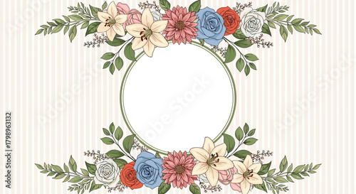 A beautiful floral frame with a vintage patterned background decorated with an array of soft colored blooms and green foliage surrounding a central empty circular space for text or images.