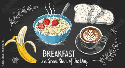 A delicious breakfast with oatmeal banana and coffee.