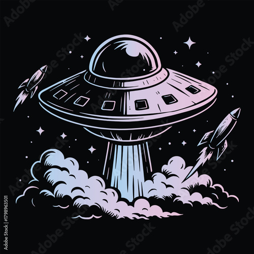 Retro UFO spaceship attack illustration in bold vintage vector style for sci-fi posters, apparel prints, and cosmic fantasy designs