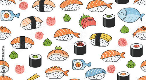 A delightful seamless pattern featuring a variety of delicious sushi rolls and nigiri.