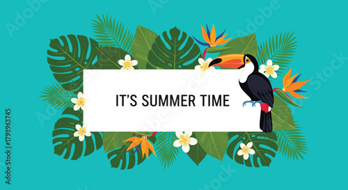 It is summer time with tropical leaves and toucan.