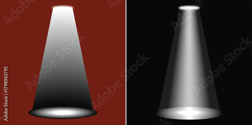 Bright light beam illuminating dark and red backgrounds spotlight illumination.