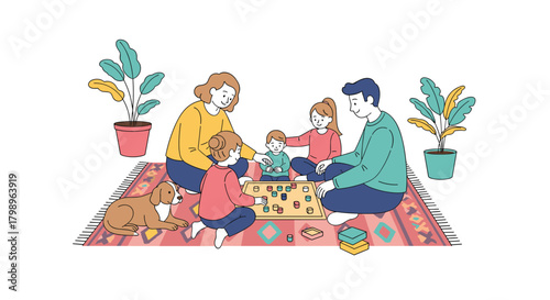 A family enjoys playing a board game together indoors on a colorful rug with potted plants and a dog nearby.