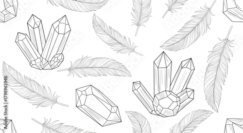 A delicate seamless pattern featuring hand-drawn crystals and feathers creating a bohemian aesthetic.