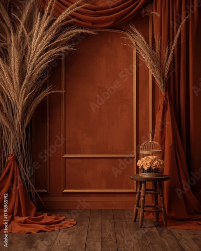 Warm terracotta backdrop with elegant dried grass and floral accents for photography