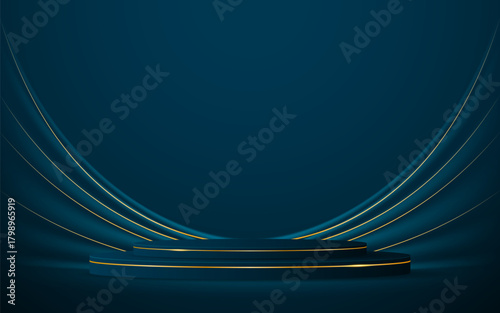 Blue podium with elegant gold lines for the best awards or product display. stage or podium. vector illustration	