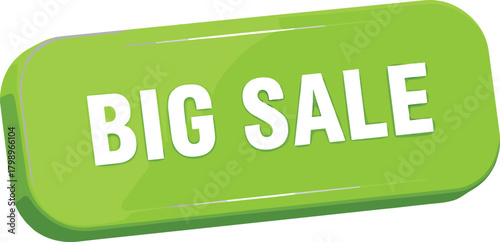 Green sale button, big discount sign, promotional graphic, 3D style, marketing icon, shopping deal, bold text, ecommerce banner, retail offer, attention grabber