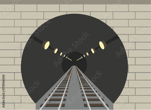 Flat Design Perspective Railroad Track Inside Dark Tunnel With Brick Wall