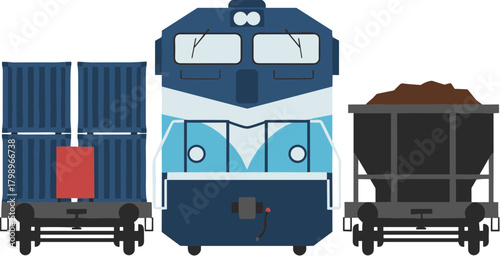Colorful Detailed Freight Train With Container and Coal Car Illustration