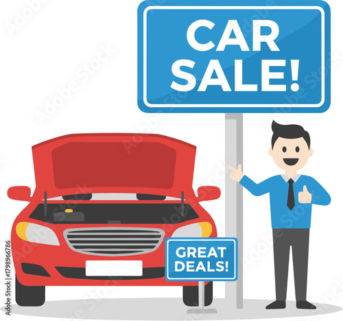 Cartoon Illustration of a Red Car Sale with Smiling Salesman Character