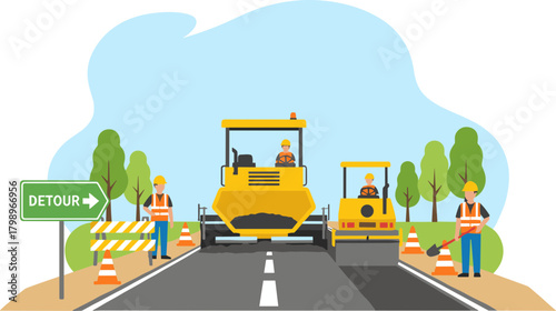 Flat Design Road Construction Site With Heavy Equipment Illustration Graphic