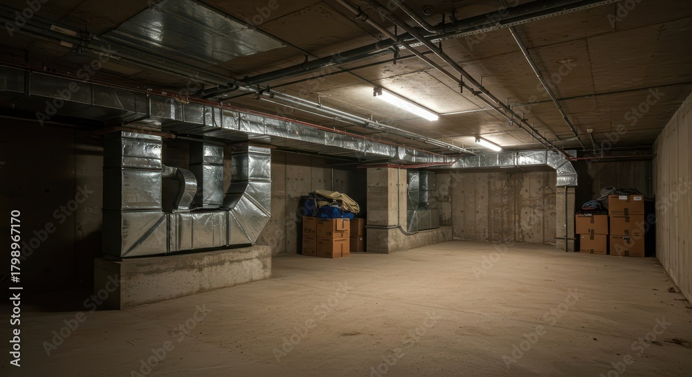Obraz premium Dusty, low-lit subterranean utility area showing concrete foundation, exposed HVAC ductwork, and stored possessions in boxes, ductwork, storage, unfinished