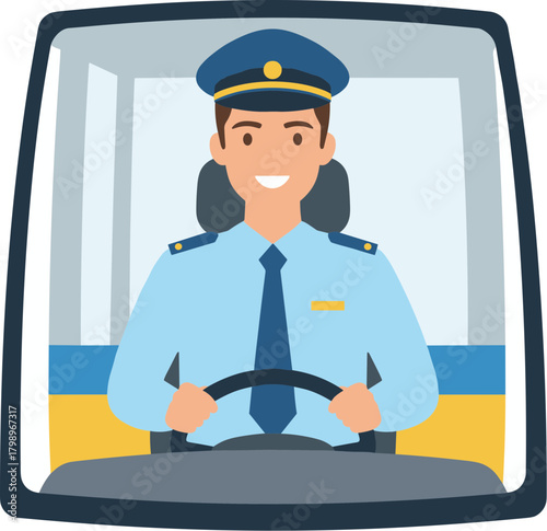 Cartoon Flat Character Illustration of Professional Driver in Uniform Driving Bus