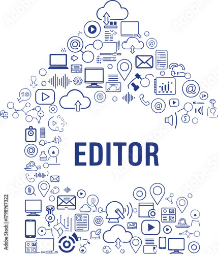 Digital editor house, multimedia icons, technology workspace, cloud tools, video editing, online communication, social media, creative hub, internet content, modern design