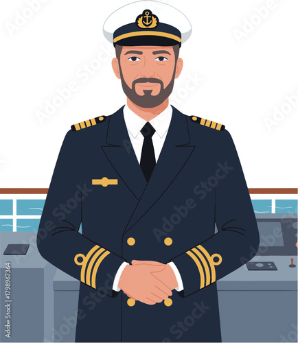 Flat Style Professional Ship Captain Illustration on a Vessel Control Room