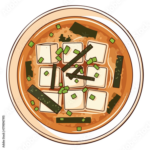 Miso Soup Vector Illustration – Traditional Japanese Soup in Bowl on White Background
