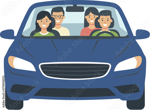 Flat Illustration Family Enjoying Road Trip Journey by Car Together