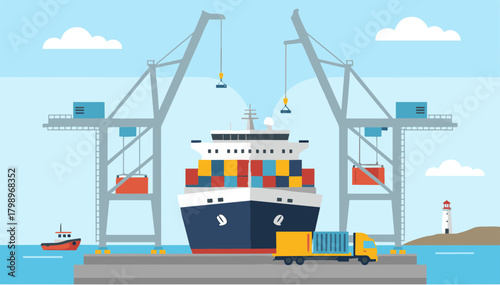 Flat Illustration Container Ship at Port with Cranes and Delivery Truck