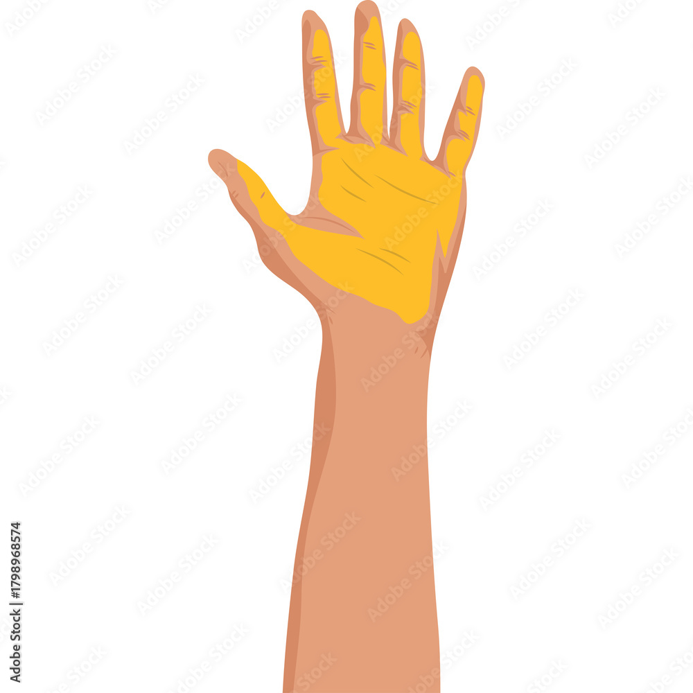 Obraz premium Human Hand Raised Up With Yellow Paint On Palm And Fingers On White Background With Transparent Background Showing Fingers And Palm